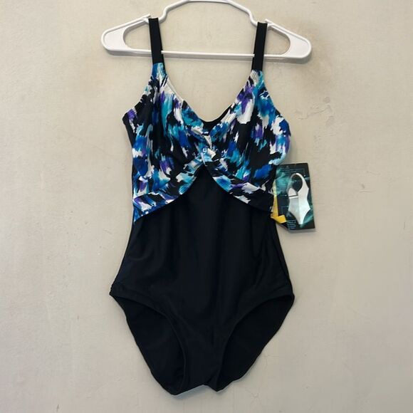 Beach Native black purple Slenderizing one piece bathing suit Size 10 New - Picture 5 of 11